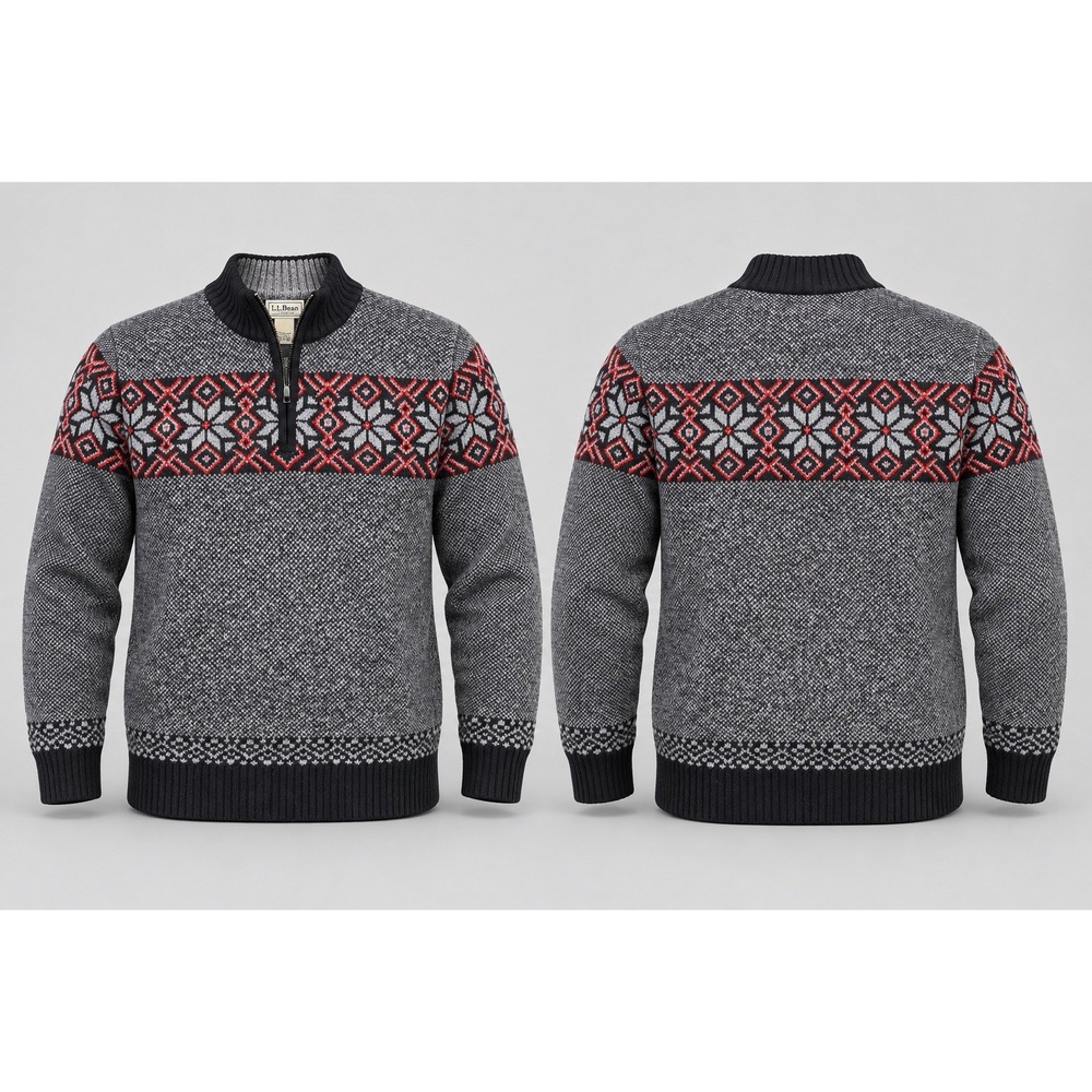 L.L. Bean Men's Large 100% Shetland Wool Sweater Gray Fair Isle Quarter Zip